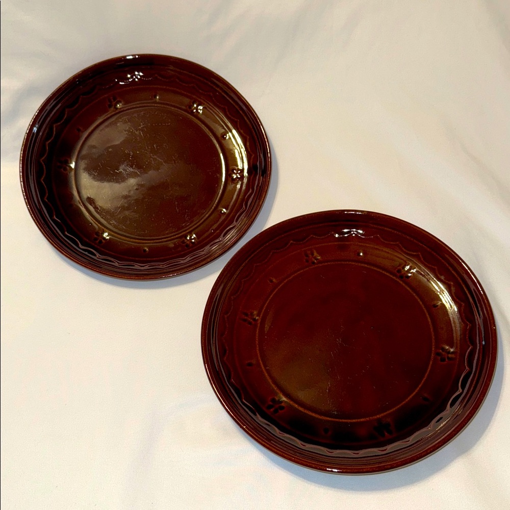 2 - Marcrest Stoneware Daisy Dot Dinner Plates Brown Ovenproof USA 9.5 inch MCM